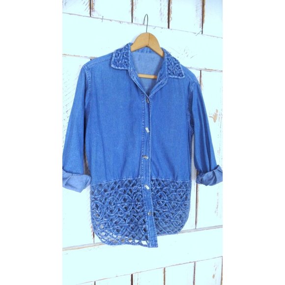 Vintage blue cotton denim button down ribbon cut out shirt/chambray button down - Picture 3 of 6